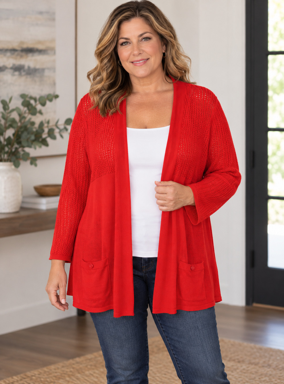 Anne Klein L/XL Red Open Front Cardigan Sweater Lightweight Open Knit Pockets